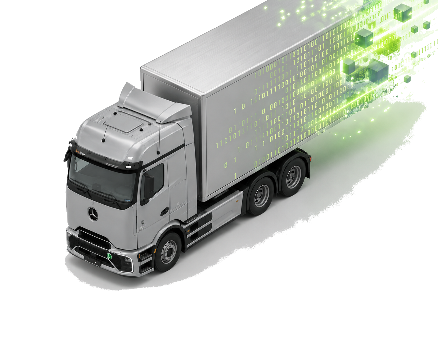 Camion connecté émettant un flux de données numériques vertes — mesure des émissions